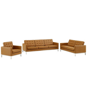 ModwayModway Loft Tufted Upholstered Faux Leather 3 Piece Set EEI-4107 EEI-4107-SLV-TAN-SET- BetterPatio.com