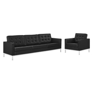 ModwayModway Loft Tufted Upholstered Faux Leather Sofa and Armchair Set EEI-4104 EEI-4104-SLV-BLK-SET- BetterPatio.com