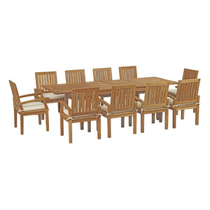 ModwayModway Marina 11 Piece Outdoor Patio Teak Outdoor Dining Set EEI-3283 EEI-3283-NAT-WHI-SET- BetterPatio.com