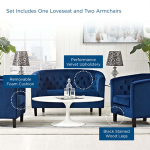 ModwayModway Prospect 3 Piece Performance Velvet Loveseat and Armchair Set EEI-3152 EEI-3152-NAV-SET- BetterPatio.com