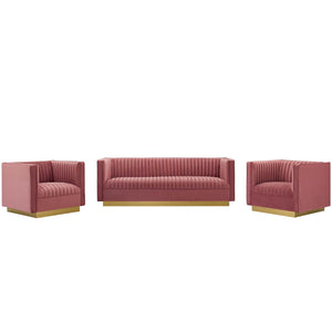 ModwayModway Sanguine 3 Piece Vertical Channel Tufted Upholstered Performance Velvet Set EEI-4144 EEI-4144-DUS-SET- BetterPatio.com