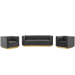 ModwayModway Sanguine 3 Piece Vertical Channel Tufted Upholstered Performance Velvet Set EEI-4144 EEI-4144-GRY-SET- BetterPatio.com