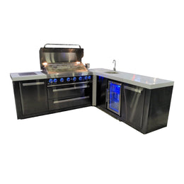 Mont Alpi 805 L-Shaped Black Stainless Steel Island with Beverage Center, 6-Burner Grill, Sink and Fridge - MAi805-BSS90BEV