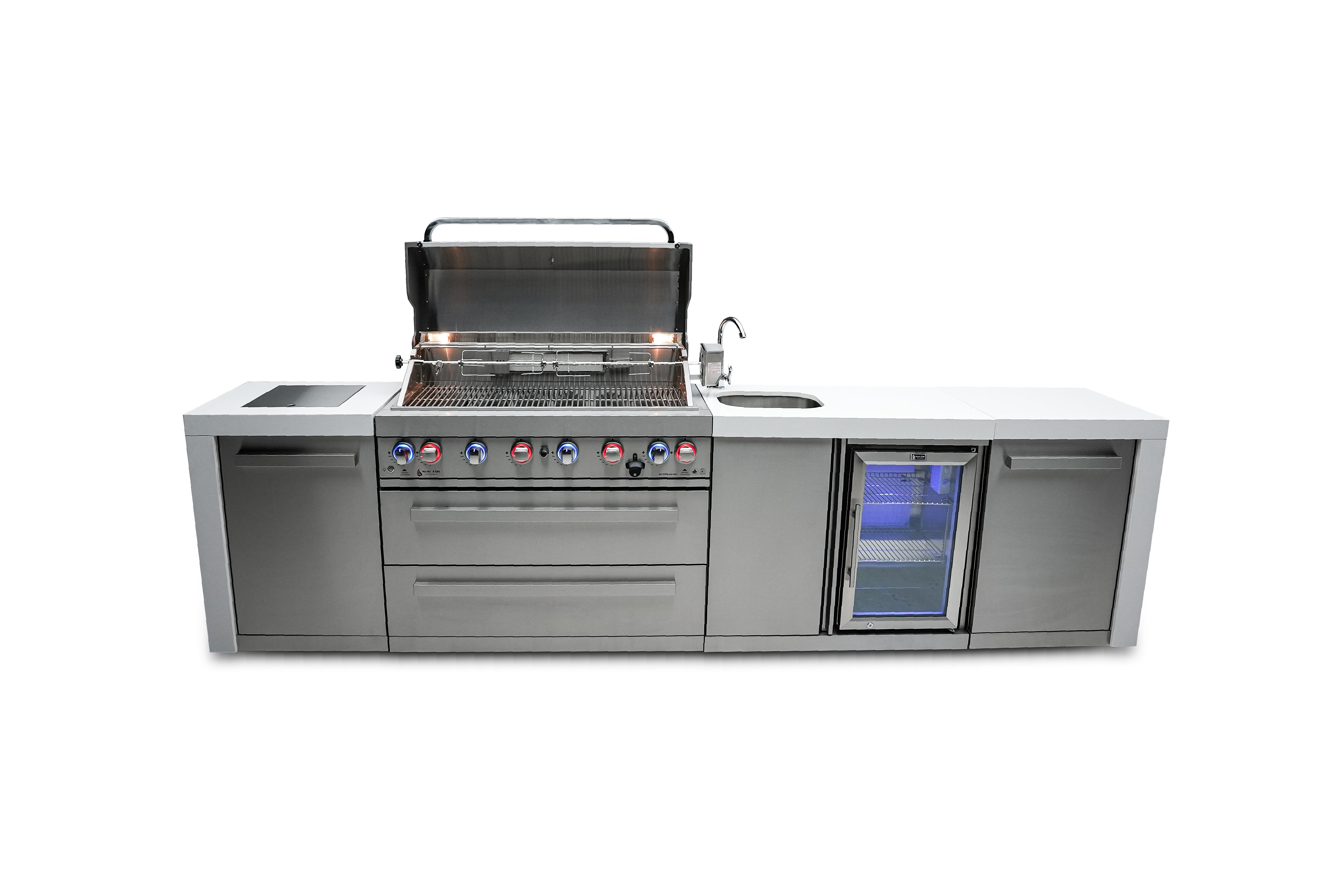 Mont Alpi 10 Foot BBQ Island with 805 Deluxe Gas Grill, Beverage Center and Infrared Side Burner - MAi805-DBEV