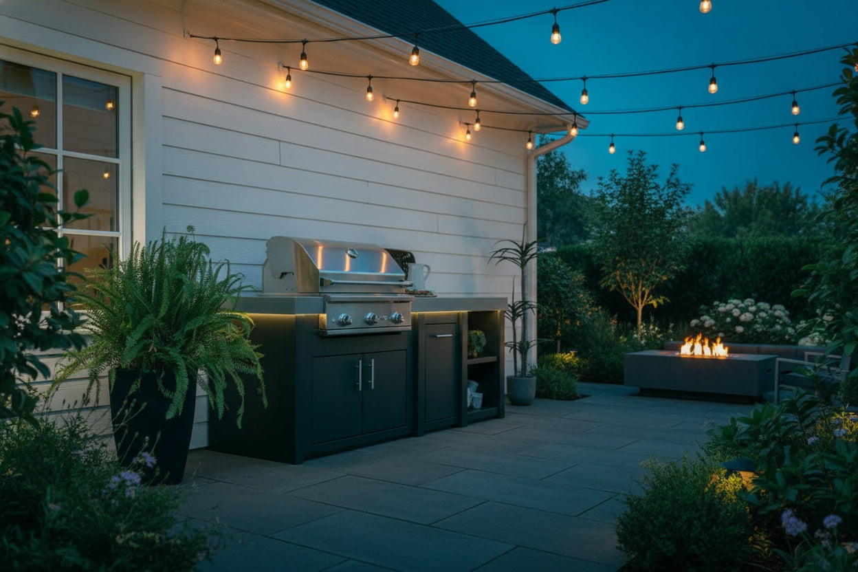 Family enjoying outdoor kitchen
